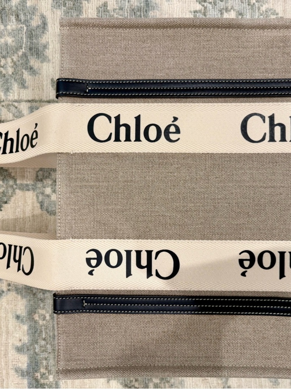 Chloé Medium Beige Canvas Tote with Navy Trim and Cream Logo Straps